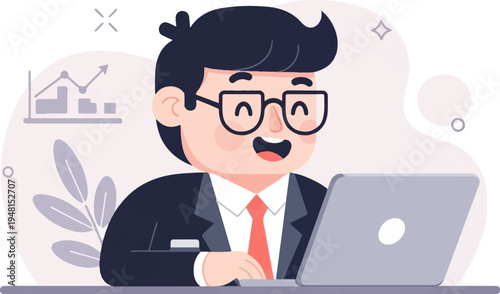 Cheerful businessman in a suit working on a laptop with a stock chart