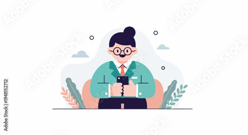 Cheerful person in business attire with glasses using a smartphone