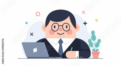 Cheerful businessman in a suit with glasses working on a laptop