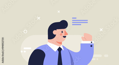 Cheerful businessman in blue suit and tie, fist raised, with abstract shapes