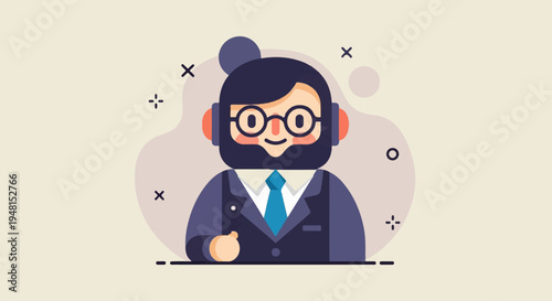 Cheerful cartoon man in suit with glasses, beard, and headphones