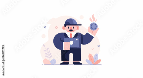 Cheerful businessman in suit and cap holds laptop and flaming coin