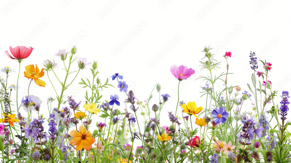 Fototapeta premium Colorful Wildflower Meadow Border on White Background