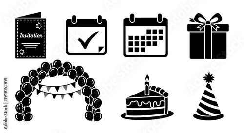 Event Planning Icons with Calendar and Slice of Cake