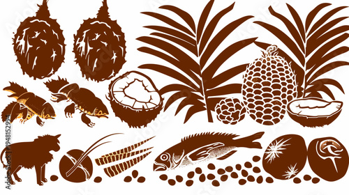 A brown and white illustration featuring a variety of tropical food, plants, and animals in a line