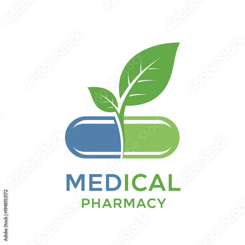 Medical pharmacy logo with green leaf.