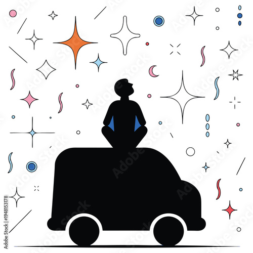 Minimalist silhouette of a person sitting on a car under a starry night sky with a dreamy mood isolated on White Background