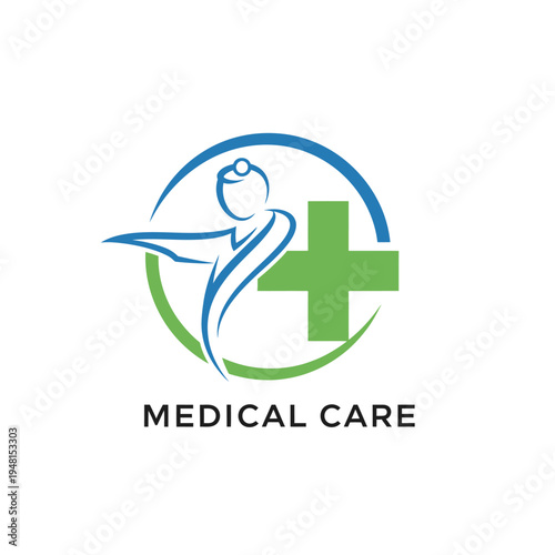 Medical care logo with abstract figure embracing a cross, isolated white background.