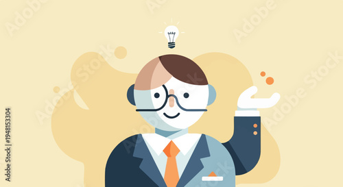 Cheerful cartoon businessman with idea lightbulb and open hand