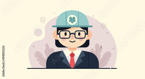 Cheerful cartoon character in a hard hat and suit