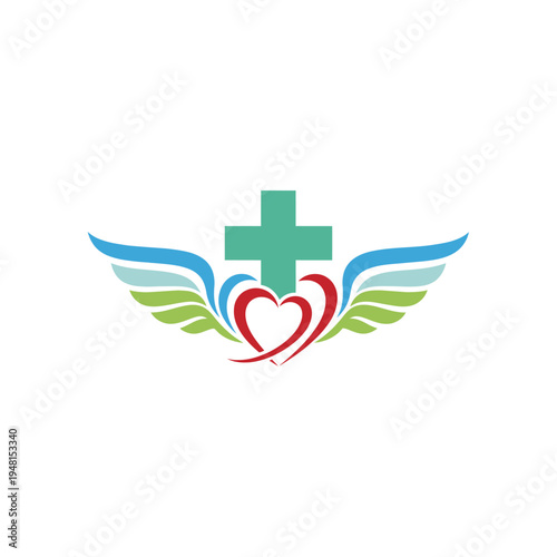 Flying heart medical cross logo with wings representing dynamic healthcare, isolated white background.