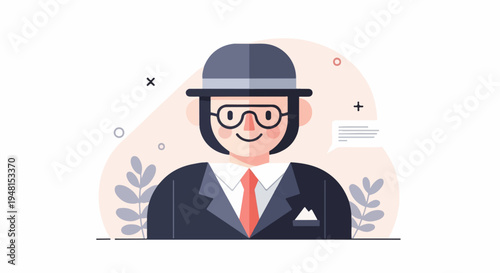 Cheerful cartoon character in a hat, glasses, suit, and tie, with speech bubble