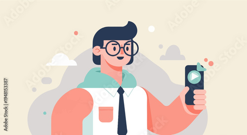 Cheerful person in glasses holds smartphone with video play button on screen