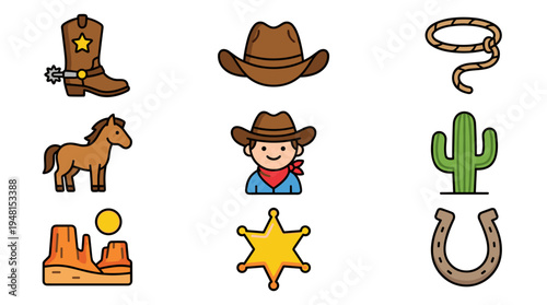 Western Icons Set Illustrating Cowboy Lifestyle and Wild West Adventures, Depicting Horse Riding, Ranch Living, Rodeo, and American Heritage in a Children's Cartoon Style, Ideal for Educational