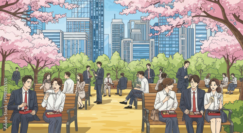 Business park lunch break under cherry blossoms, cityscape background, spring season