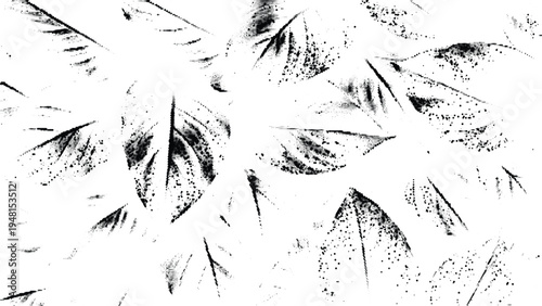 Black and white illustration of scattered leaves with a halftone effect
