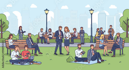 People Relaxing in City Park with Smartphones on Benches and Picnic Blankets