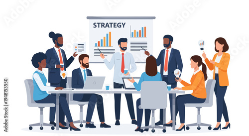 Diverse team brainstorming business strategy and planning growth with charts and ideas