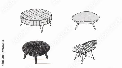 Four unique, hand-drawn stool/chair designs in a simplified, grayscale aesthetic. Includes a fuzzy option