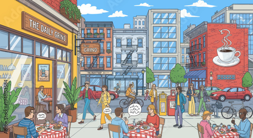 Vibrant City Street Scene with Cafes, People, and Buildings - Cartoon Style