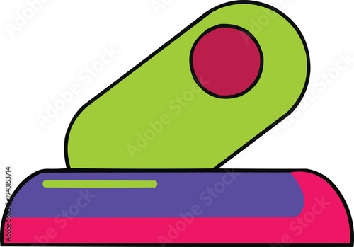 Described is a colorful cartoon-style illustration of a hole punch, characterized by a vibrant design.