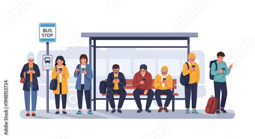 Diverse people looking at phones at bus stop, waiting for transport