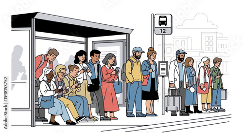 Diverse people waiting at bus stop, using smartphones, urban commute, illustration