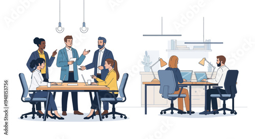 Diverse business team collaborating in modern office meeting and work areas
