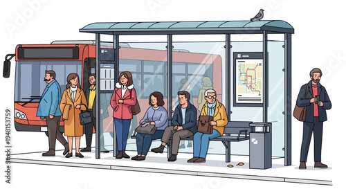 Diverse people waiting at modern bus stop shelter with city bus arriving