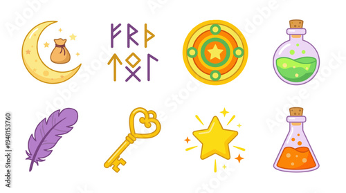 Whimsical Witchcraft Elements Icons Pack Illustration of Magical Icons Set, Cartoon Charms for Alchemy, Spells, Potions, Witch, Ritual, Occult, Key, Feather, Star, Coin, Moon bag, and Runes in Vector