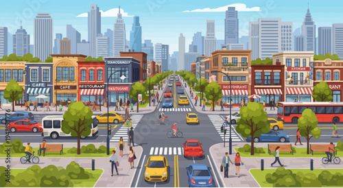 Busy city street with cars, pedestrians, and buildings