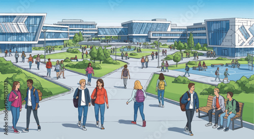 Diverse students walking on campus, modern university buildings, green spaces, sunny day