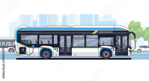 Modern Electric Bus Charging in City Street with Skyline Background
