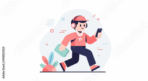 Cheerful character wearing headphones, running with a package and phone