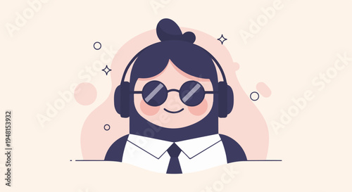 Cheerful character wearing headphones and sunglasses, styled as a business person