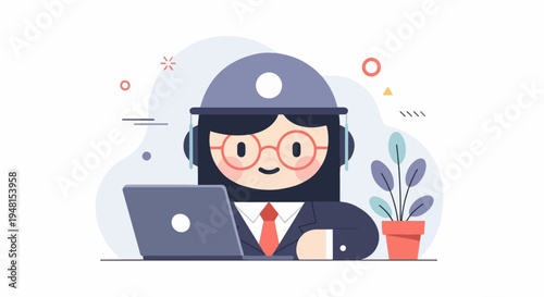 Cheerful character wearing headset, working on laptop, next to potted plant