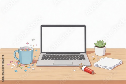 Engaging workspace setup featuring a blank laptop, colorful confetti filled mug, succulent plant, and blank paper, illustrating creativity and organization for productive work sessions