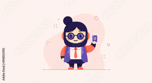 Cheerful cartoon character in a suit holding a phone and posing