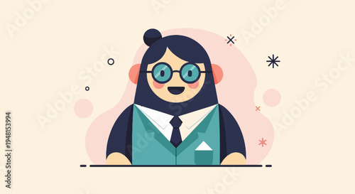 Cheerful cartoon character in a suit with glasses and a bun