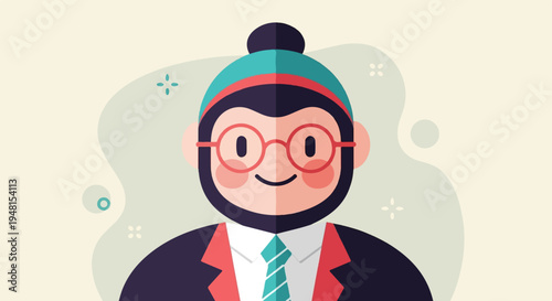 Cheerful cartoon person with glasses, beard, and stylish hat