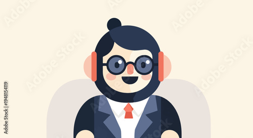 Cheerful cartoon person with glasses and headphones