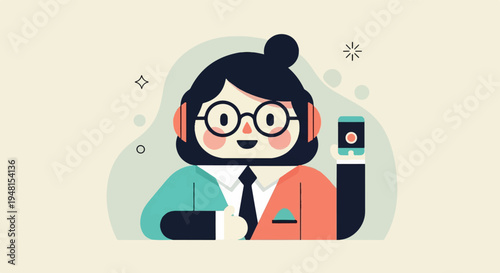 Cheerful cartoon person with headphones and a smartphone