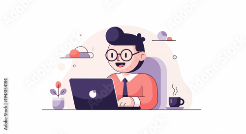 Cheerful person in glasses working on a laptop with a plant and coffee