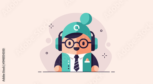 Cheerful cartoon character wearing headphones and a hat with a logo