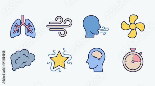 Breathing and Air Quality Icons Set: Lungs Exhaling Wind, Freshness, Thinking, Time - Clean Environment Concepts, Health, Ventilation, Pollution, Speed, Ideas, and Respiration Processes, Airflow