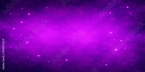 An abstract purple and blue galaxy background features a dark starry night sky filled with glowing cosmos particles, a shimmering nebula, and celestial dust across the vast universe