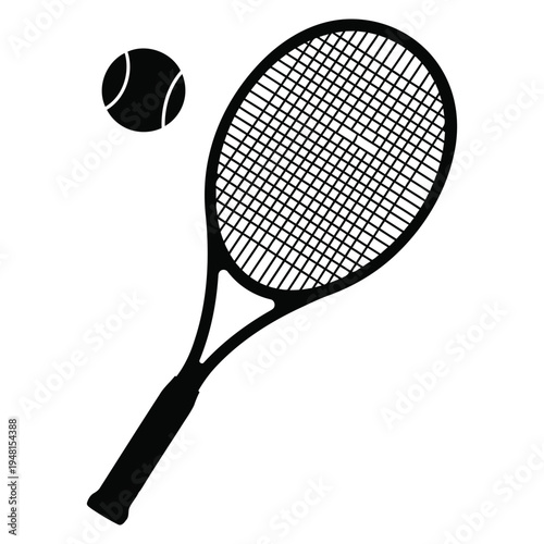 A minimalist black and white vector illustration of a tennis racket and a ball on white background