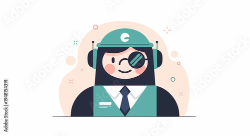 Cheerful cartoon character with a monocle and headphones