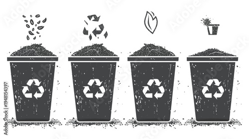 Series of grayscale recycling bins with organic materials and recycle symbols