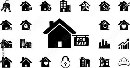Collection home icons. House symbol. Set of real estate objects and houses black icons isolated on white background. Vector illustration.
